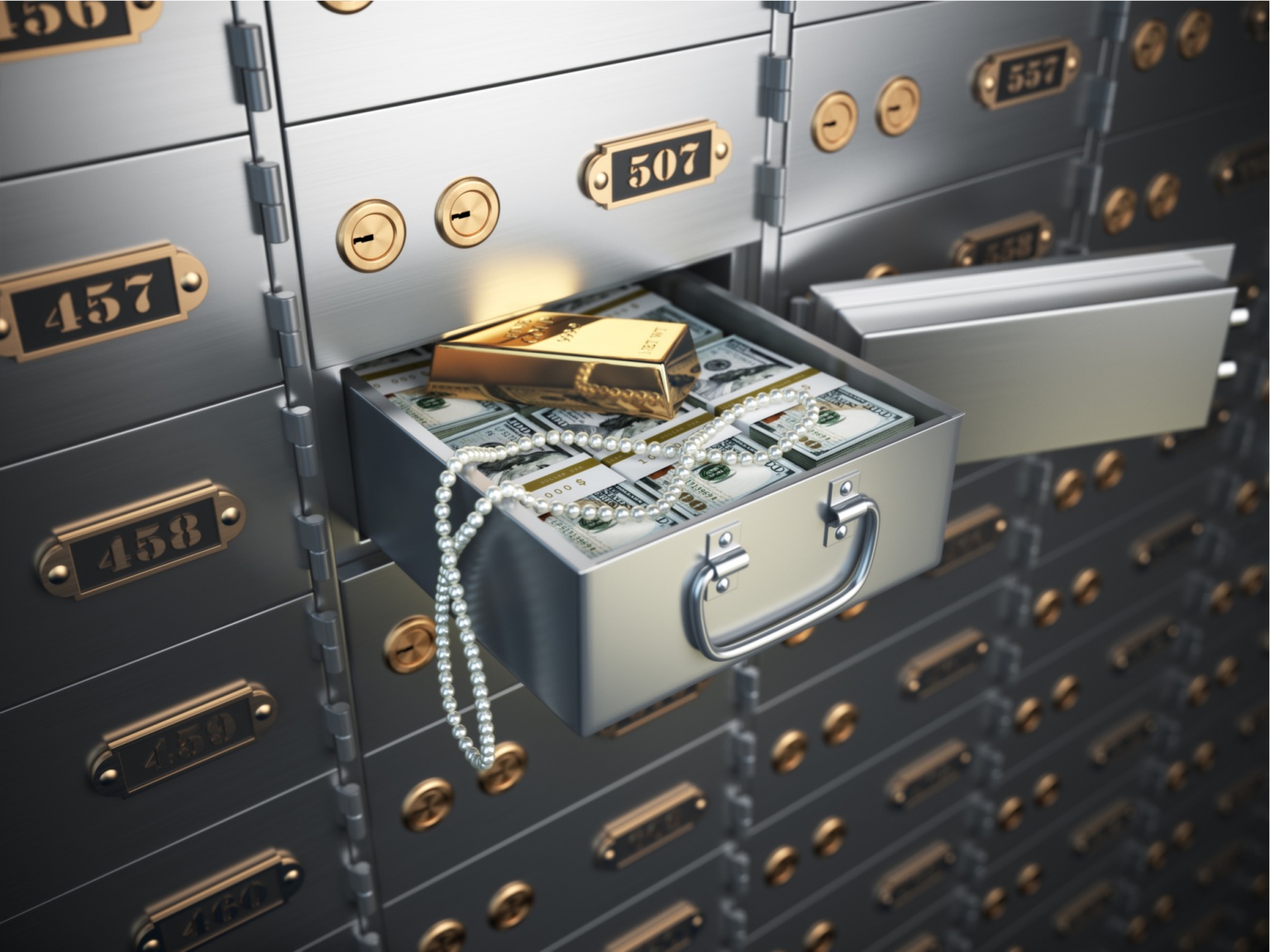  A poorly defined shared asset during divorce can lead to financial complications and legal battles, illustrated by the image of a safety deposit box containing gold bars and cash.
